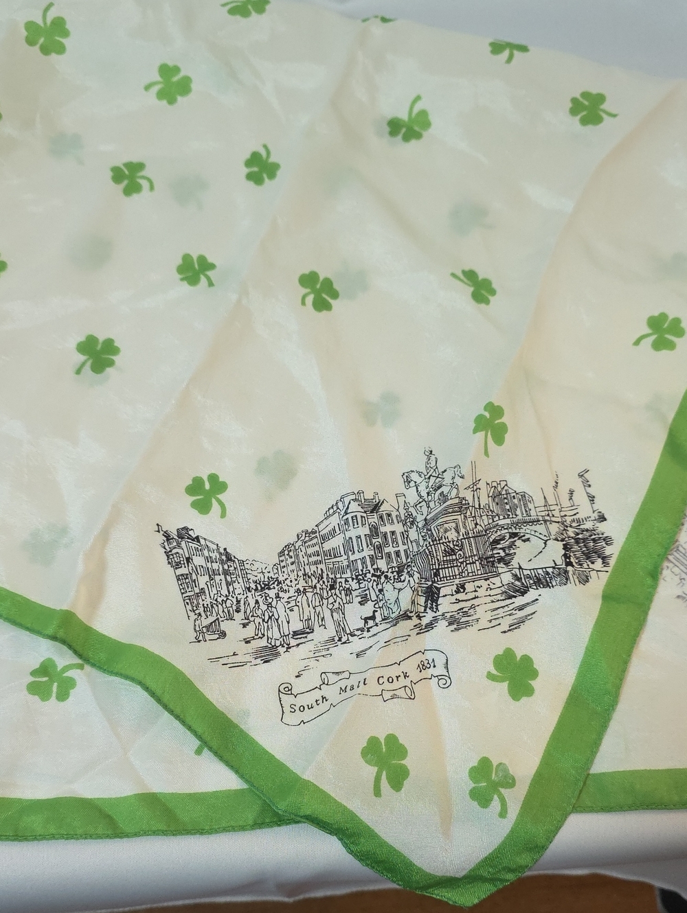 Ireland Cream With Shamrock Print Silk Scarf with City Sketches